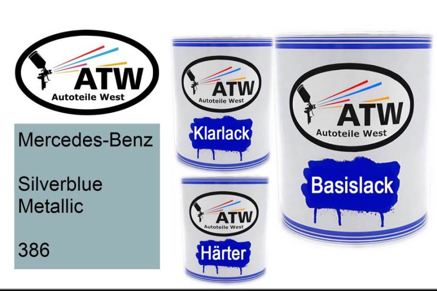 Mercedes-Benz, Silverblue Metallic, 386: 1L Lackdose + 1L Klarlack + 500ml Härter - Set, von ATW Autoteile West.